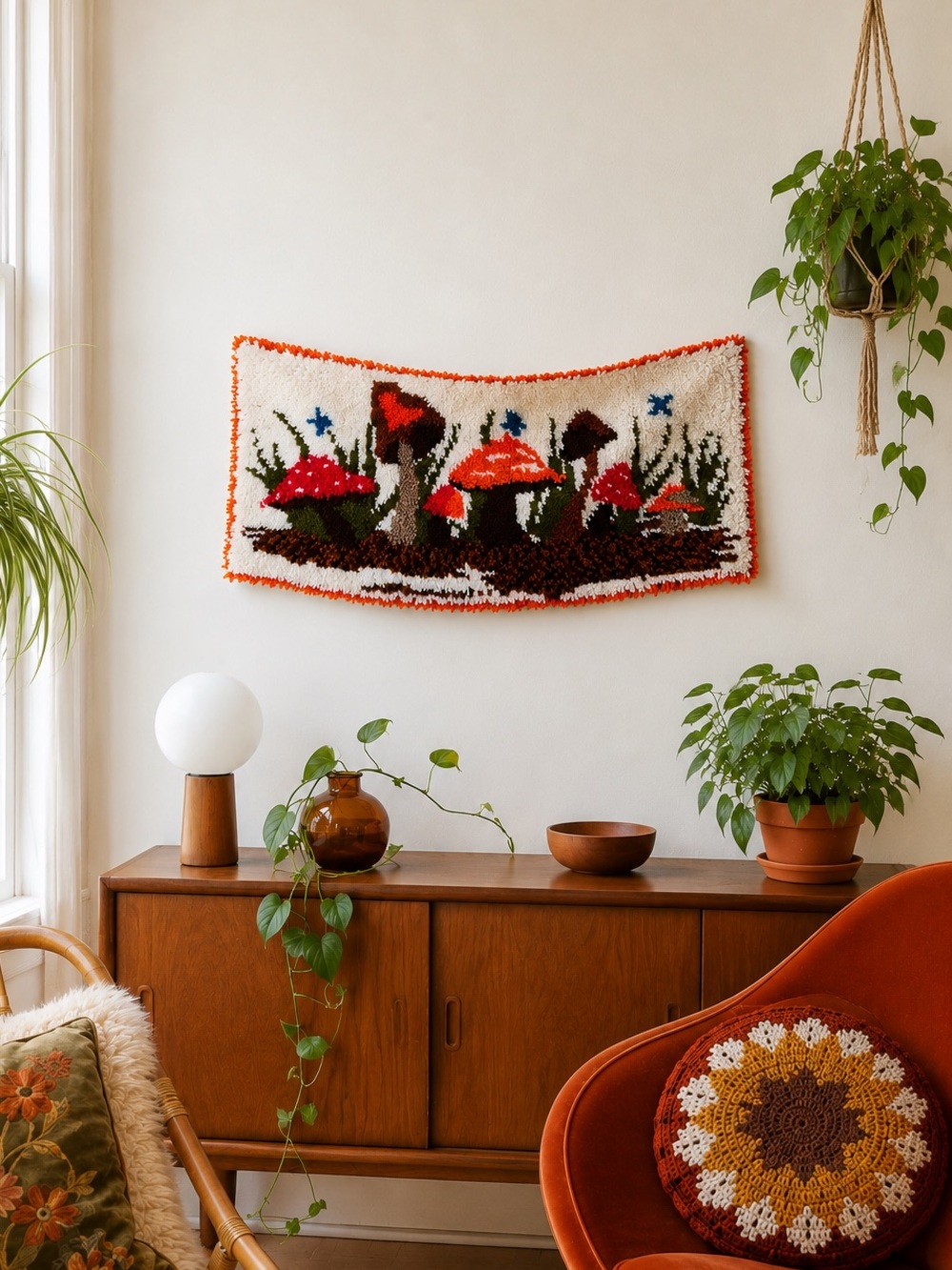 Vintage 1970s handmade mushroom latch hook rug